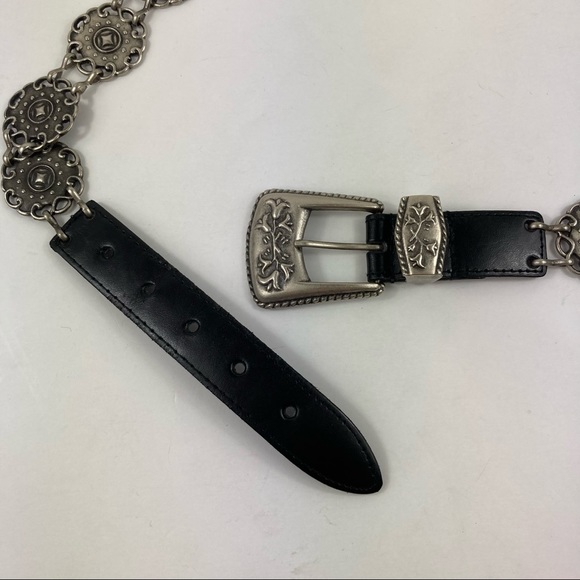 Metal Medallion Belt Silver Black Leather Womens Size M/L - Picture 2 of 5